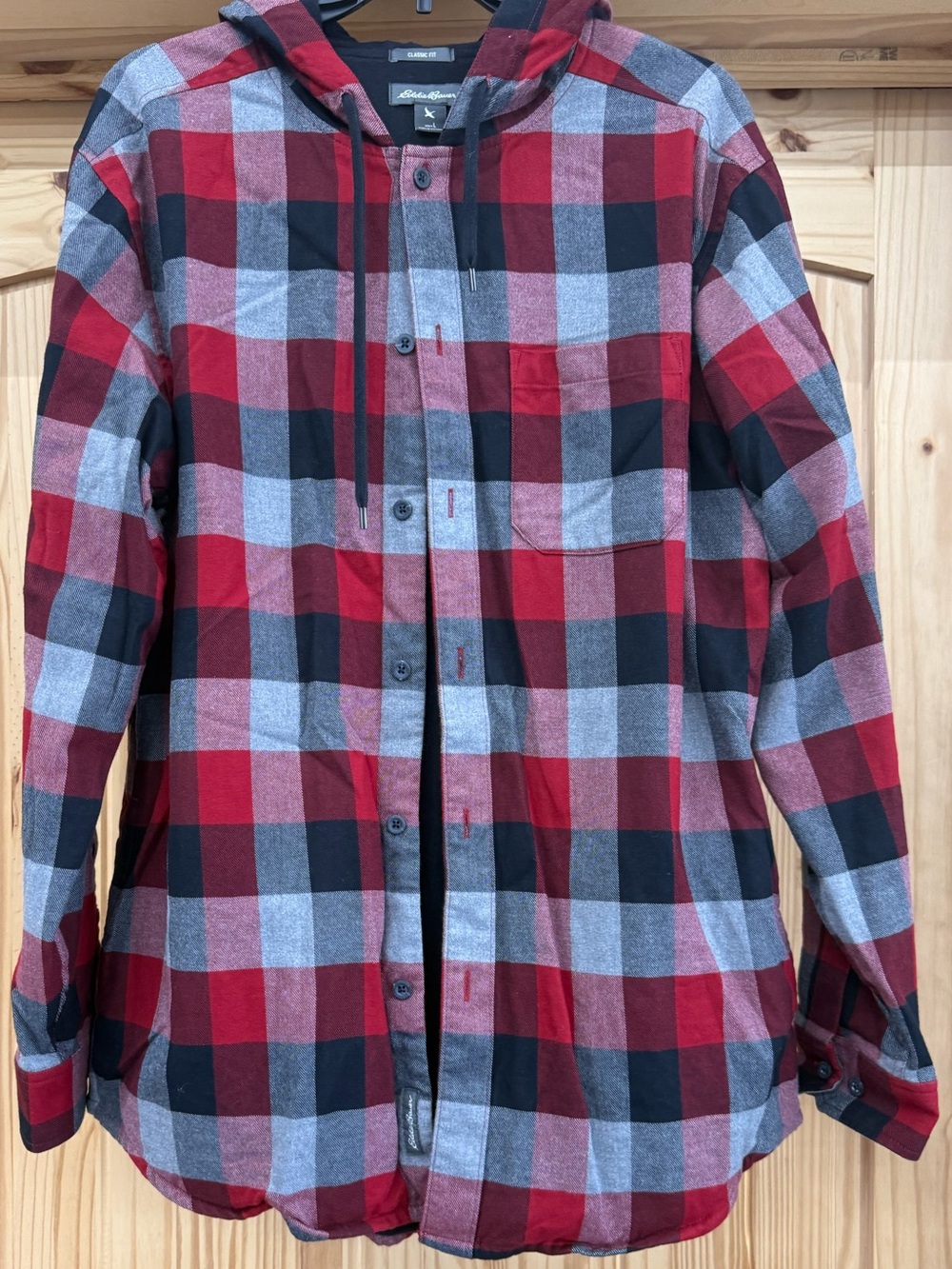 Eddie Bauer Red, Black & Gray Plaid Hooded Button-Down Shirt/Jacket